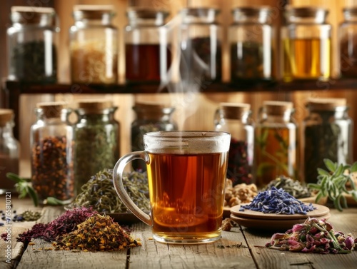 Steam rises from a clear cup of herbal tea, foregrounding a rustic assortment of loose leaf blends, invoking an ambiance of warmth and natural wellness.