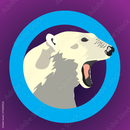 Illustration of a polar bear head with an open mouth. Polar bear, circle, logo, animal, beast, predator, north pole.