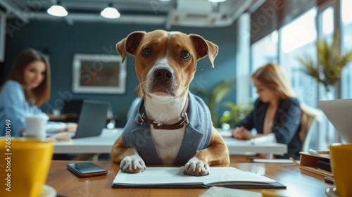 The Boardroom Pup, Business as Unusual. With a tie snugly fastened and paws positioned for productivity, this focused dog in business attire meaning to working like a dog in the corporate world.