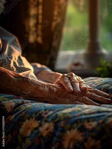 Alzheimer's care, nurse monitoring patient, close perspective, bedroom, soft evening light.high resolution DSLR