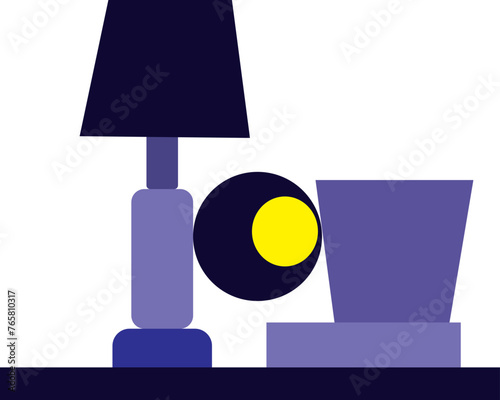 table lamp leaning against a flower pot placed on a book. Simple illustration. Shelf with a book, lamp and flower pot. Blue objects on a white background.