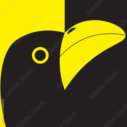 Abstract illustration of a bird. Black and yellow illustration. Yellow beak on a black background, black bird head on a yellow background.