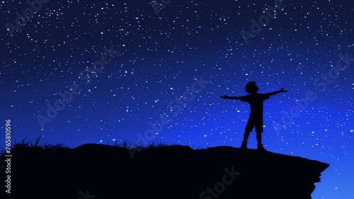 Silhouette of a happy boy against a starry night sky background