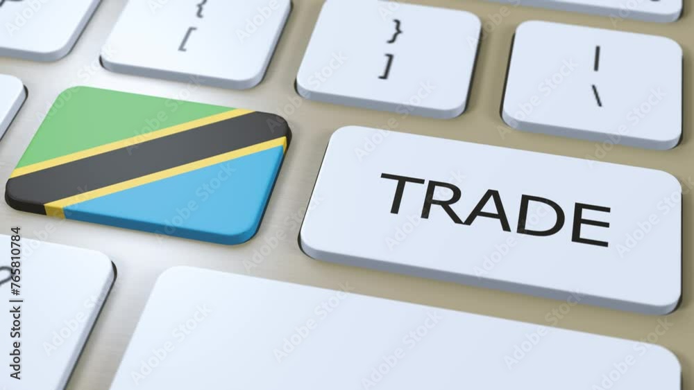 Tanzania Country Flag and Trade Text on Button 3D Animation