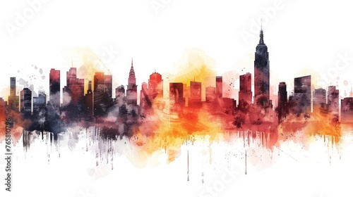 An imaginative watercolor composition of a city skyline at twilight  with skyscrapers silhouetted against a white background