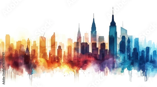 An imaginative watercolor composition of a city skyline at twilight, with skyscrapers silhouetted against a white background