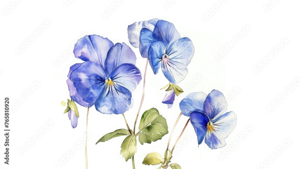 Artistic watercolor rendering of Viola canina, known for its beautiful blue flowers and simple elegance, set against a pristine white canvas - obrazy, fototapety, plakaty 