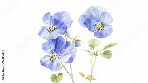 Artistic watercolor rendering of Viola canina, known for its beautiful blue flowers and simple elegance, set against a pristine white canvas