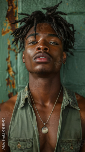 Portrait of African attractive man against background of green brick wall