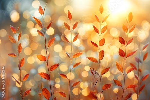 Plantas silvestres con hojas amarillentas, los rayos del sol filtrandose a traves de estas, al fondo luces con efecto bokeh. Atractivo fondo, paisaje melancólico de otoño 