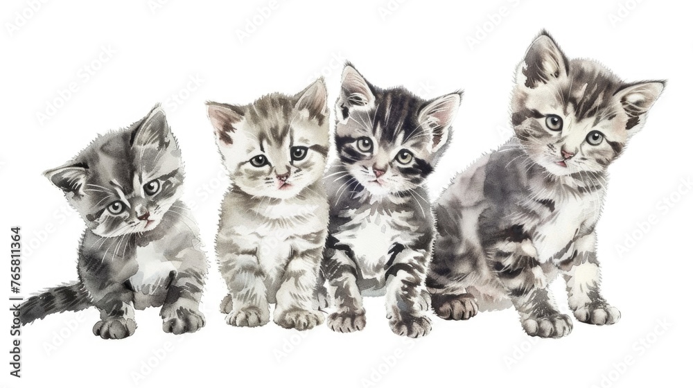Playful kittens in watercolor, fluffy fur in shades of gray and white, playful poses, bright eyes, set against a white backdrop