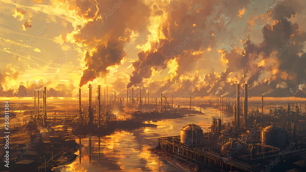 A painting of a city with a river and a sky full of smoke A painting of a city with a river and a sky full of smoke