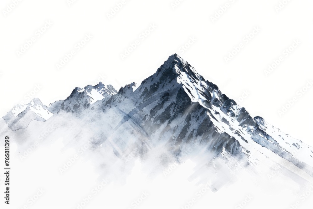 Snowcapped mountain peak in watercolor, contrasting cool shades, pristine wilderness, isolated serenity, against a white background