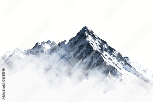 Snowcapped mountain peak in watercolor  contrasting cool shades  pristine wilderness  isolated serenity  against a white background