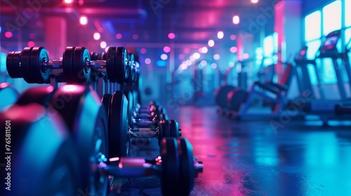 Modern gym with rows of dumbbells and ambient lighting. photo