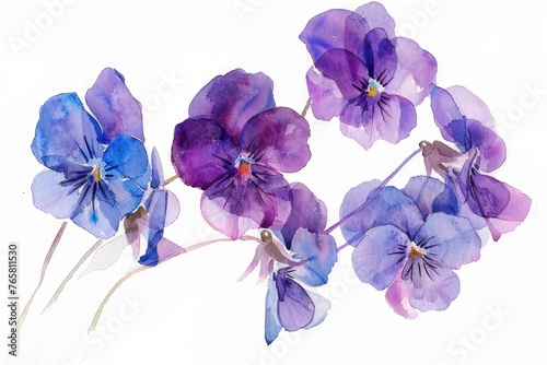 Watercolor art capturing the whimsical beauty of Viola labradorica, with its deep purples and heartshaped leaves, set softly against white photo