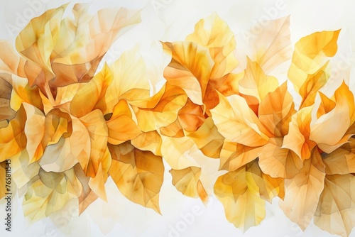 Watercolor art featuring a lush arrangement of gold tulip tree leaves, their unique, angular shapes rich in golden light, on a white background