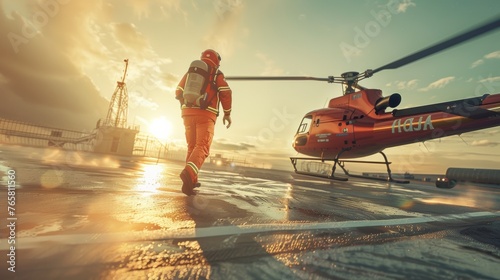 Helicopter and paramedic at sunset on helipad. photo