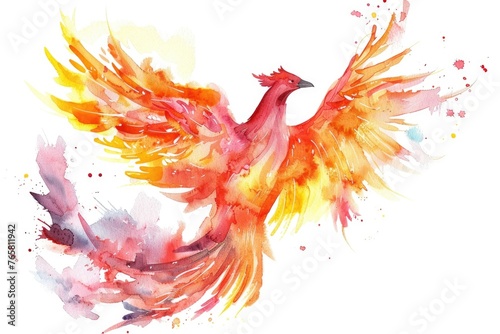 Watercolor clipart of a vibrant phoenix, symbol of rebirth, isolated on white background for mystical and inspirational themes
