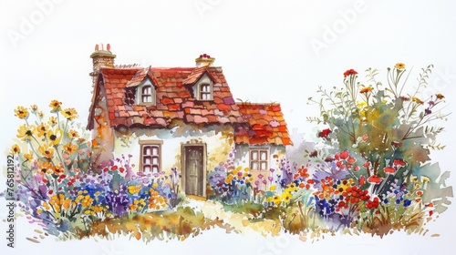 Watercolor depiction of a cozy cottage surrounded by wildflowers, a haven of peace, on a white background