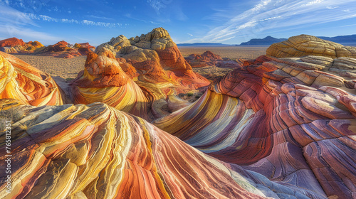 Vibrant Desert: Colorful Rock Formations Amidst Arid Sands photo