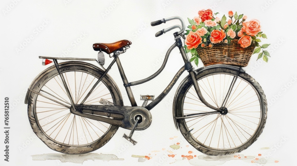 Watercolor depiction of a vintage bicycle with a basket of flowers, standing alone on a white background