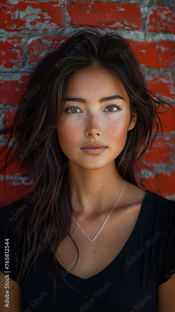 Fototapeta premium Portrait of Asian attractive woman against background of red brick wall
