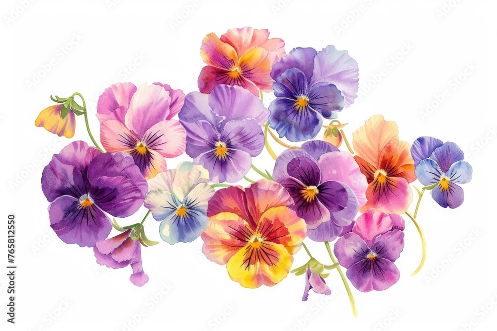 Watercolor illustration of a charming array of Viola flowers, capturing the essence of spring with their vibrant colors and forms, on white Watercolor illustration of a charming array of Viola flowers, capturing the essence of spring with their vibrant colors and forms, on white