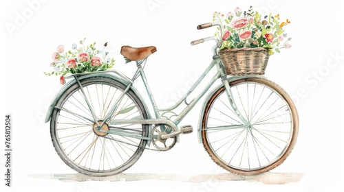 Watercolor depiction of a vintage bicycle with a basket of flowers, standing alone on a white background photo