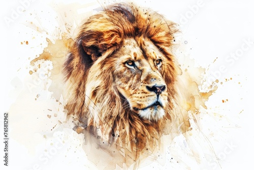 Watercolor portrait of a majestic lion, its mane flowing like liquid gold, set against a white background