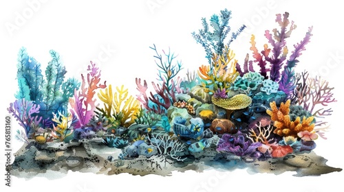 Watercolor scene of a vibrant coral reef, teeming with sea life, a hidden world, on a white background