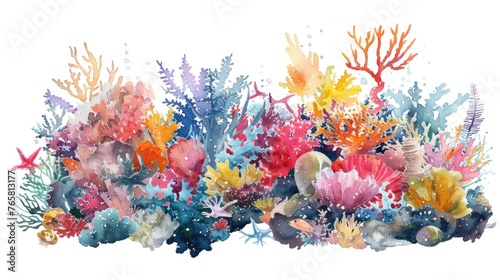 Watercolor scene of a vibrant coral reef  teeming with sea life  a hidden world  on a white background