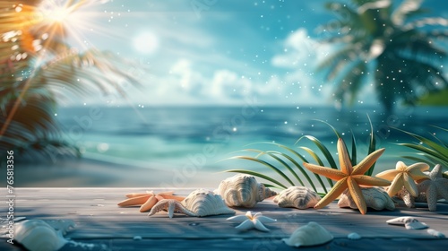 tropical summer background. tSand, seawater, starfish, sea shell and palm trees background with copy space.