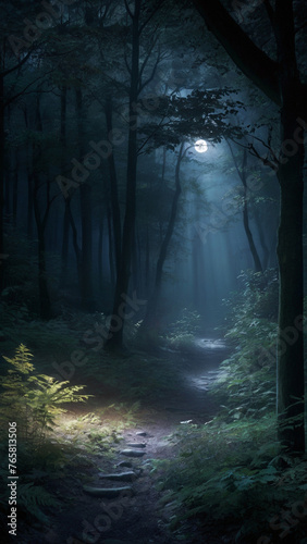 Eerie Path Through a Dark Forest at Night