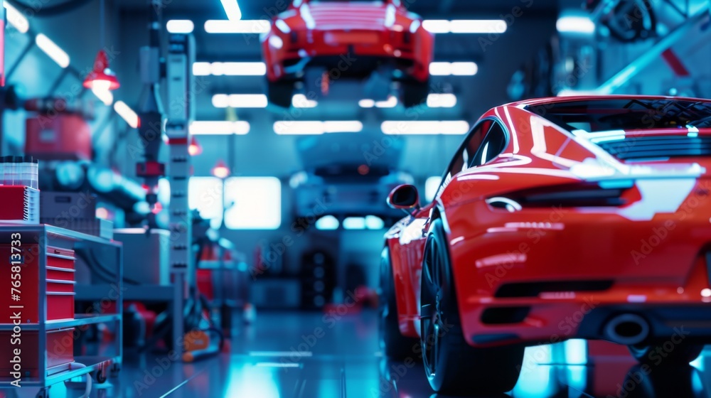A meticulously equipped automotive workshop showcases an advanced virtual mechanic system, with robotic arms and a high-end sports car poised for AI-assisted maintenance or customization. A meticulously equipped automotive workshop showcases an advanced virtual mechanic system, with robotic arms and a high-end sports car poised for AI-assisted maintenance or customization.