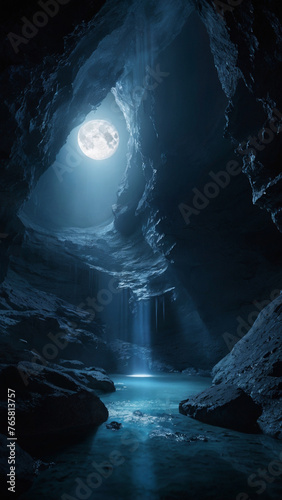 Dramatic Cave Waterfall Illuminated by a Full Moon
