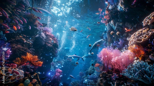 Dive into the vibrant virtual reality of an underwater exploration game, where dazzling marine life and coral gardens come alive in a symphony of colors.