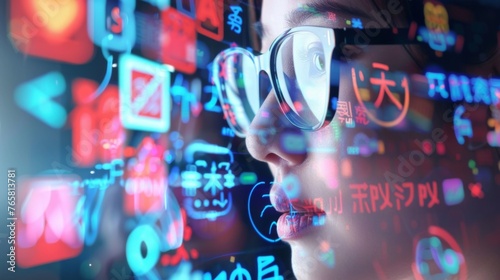 Close-up of a woman's face wearing glasses, reflecting vibrant multilingual digital data, symbolizing a virtual assistant's language translation capabilities in a tech-savvy world.