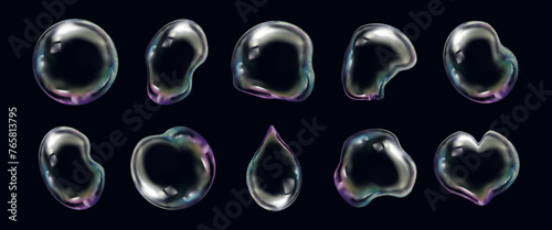3d transparent liquid bubble set. Vector illustration.