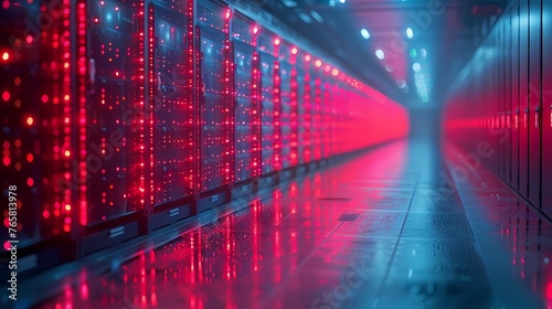 A sleek  modern database server rack housed in a cloud data center  with rows of blinking lights indicating processing activity