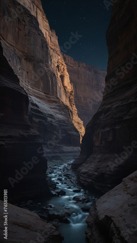 Nighttime River Flowing Through a Majestic Canyon