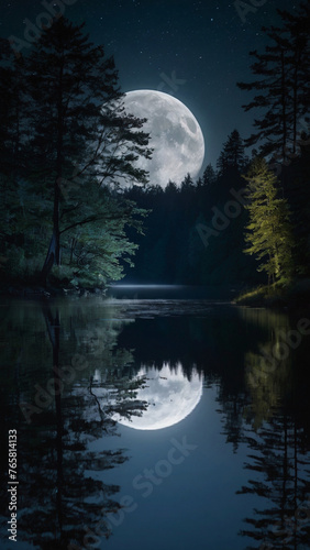 Tranquil Night Scene: Lake Bathed in Moonlight