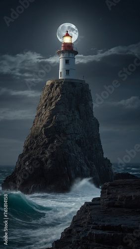 Dramatic Nighttime Lighthouse on Rocky Cliff