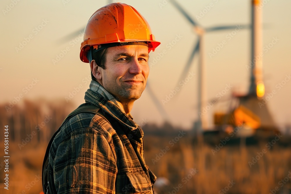 A worker in a hard hat stands before a wind turbine at sunset. A worker in a hard hat stands before a wind turbine at sunset.
