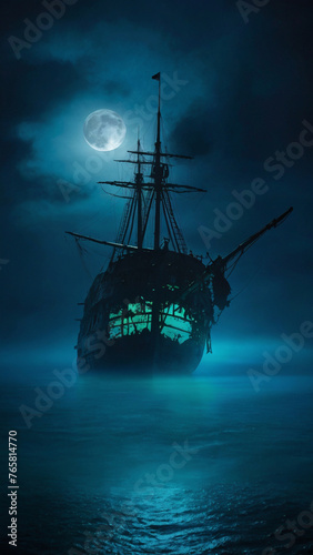 A ghostly pirate ship with tattered sails gliding mysteriously across a dark ocean at night. Perfect for Halloween concepts, spooky stories, and paranormal themes.