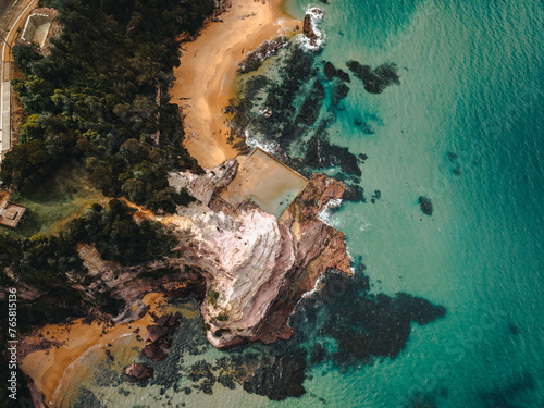 Aerial Drone Shot of Aslings Beach Rock Pool in Eden, New South Wales, Australia.