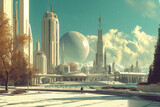 Retrofuturistic landscape in mid-century sci-fi style. Retro science fiction scene with futuristic city buildings.