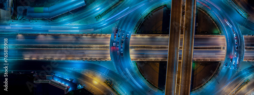 Expressway top view, Road traffic an important infrastructure, Drone aerial view fly in circle, traffic transportation, Public transport or commuter city life concept of economic and energ, transport.