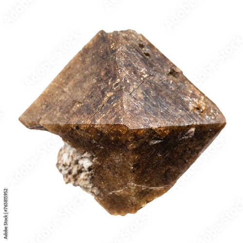 close up of sample of natural stone from geological collection - brown zircon crystal isolated on white background from Khibiny, Kola Peninsula