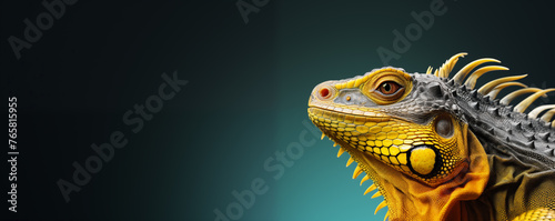 Close-up view of an Iguana isolated on minimalist background  banner with free space for text
